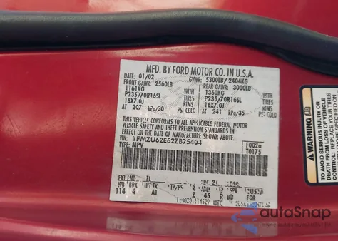 2002 Ford Explorer Xls из США, поврежденный, VIN 1FMZU62E62ZB75404